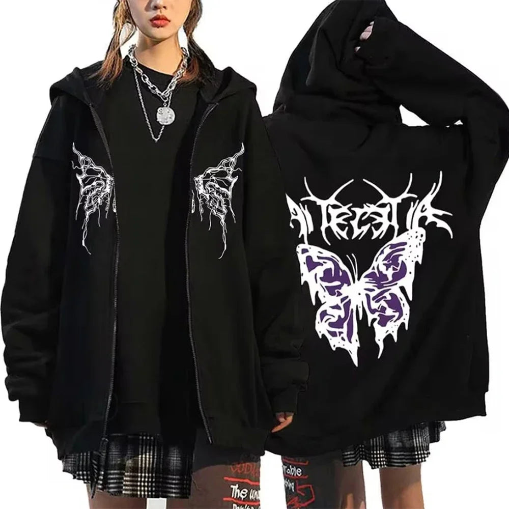 Women Vintage Butterfly Print Hoodies Autumn Winter Zip Up Long Sleeve Pocket Loose Sweatshirt Y2K Female Gothic Streetwear
