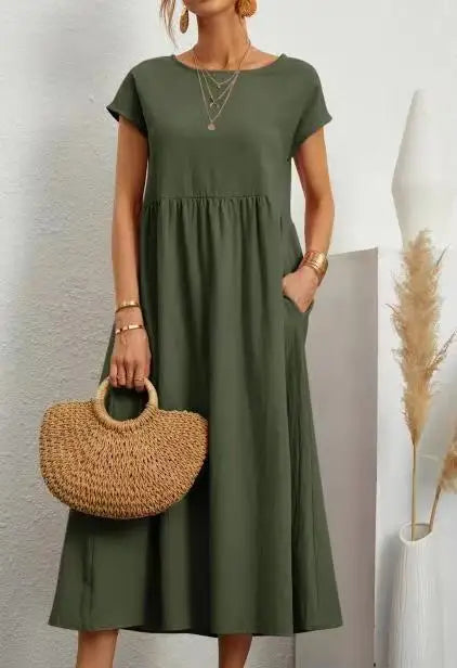 2024 Summer New Short Sleeved Women's Dress With Loose Casual Pockets Solid Color Round Neck Pullover Long And Elegant Dress
