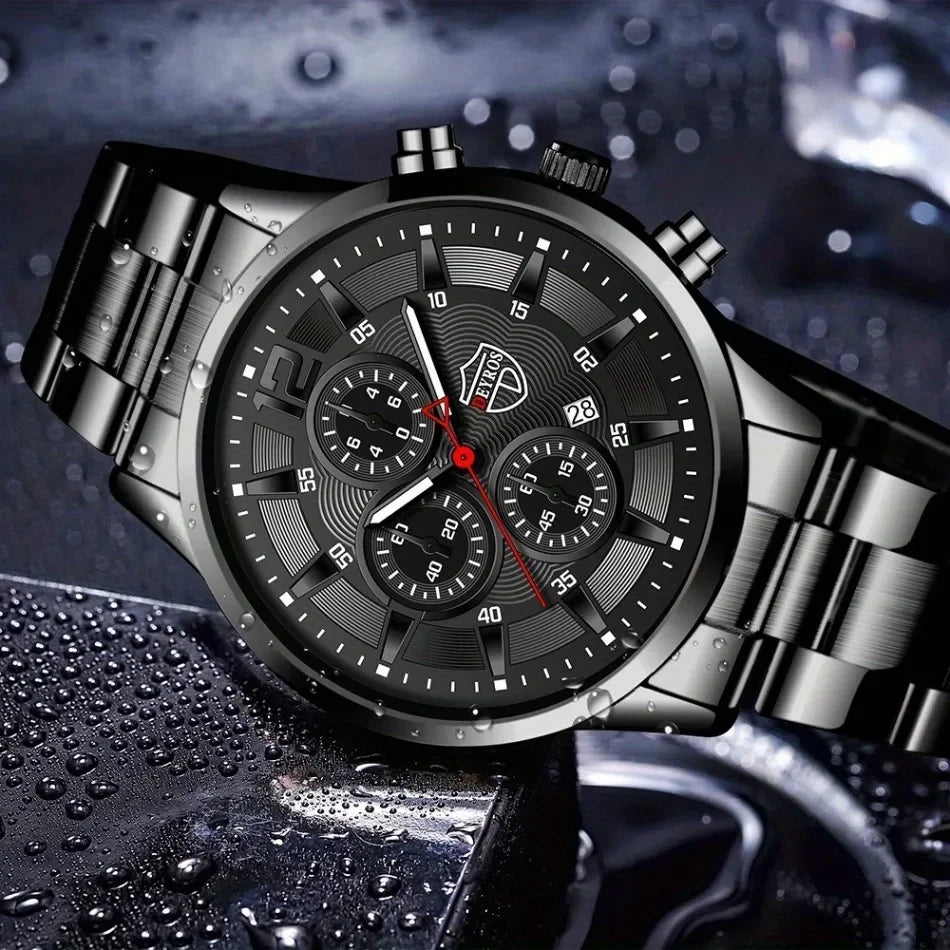 4pcs Classic Black Men's Watch Quartz Watches Are Suitable for Everyday Wear