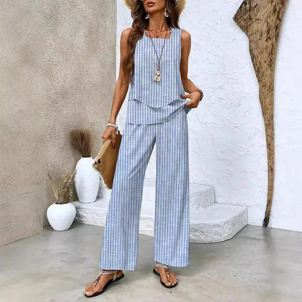 Elegant Square Collar Top Wide Leg Pants Two-piece Set 2025 New Women's Sleeveless Double-layer Vest Pants Set Woman Rompers