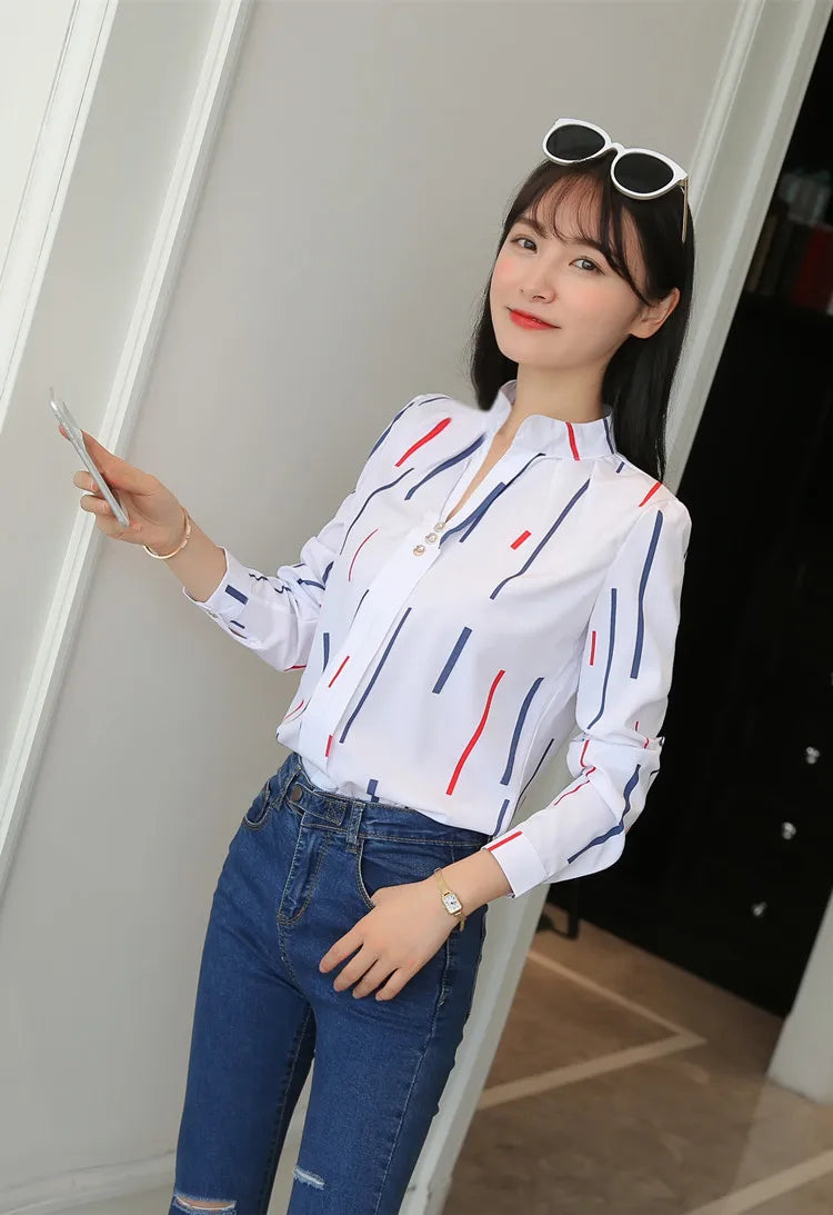 Stripe Women Blouse Fashion Standing Collar Women's Shirt Long Sleeved Shirts and Blouses Printing Ladies Tops Basic Womens Tops