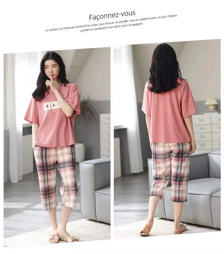Women Sleepwear Half-Sleeve Seven-Quarter Trousers Student Nightwear Homewear Set Round Neck Cartoon Ladies Pajamas Loungewear
