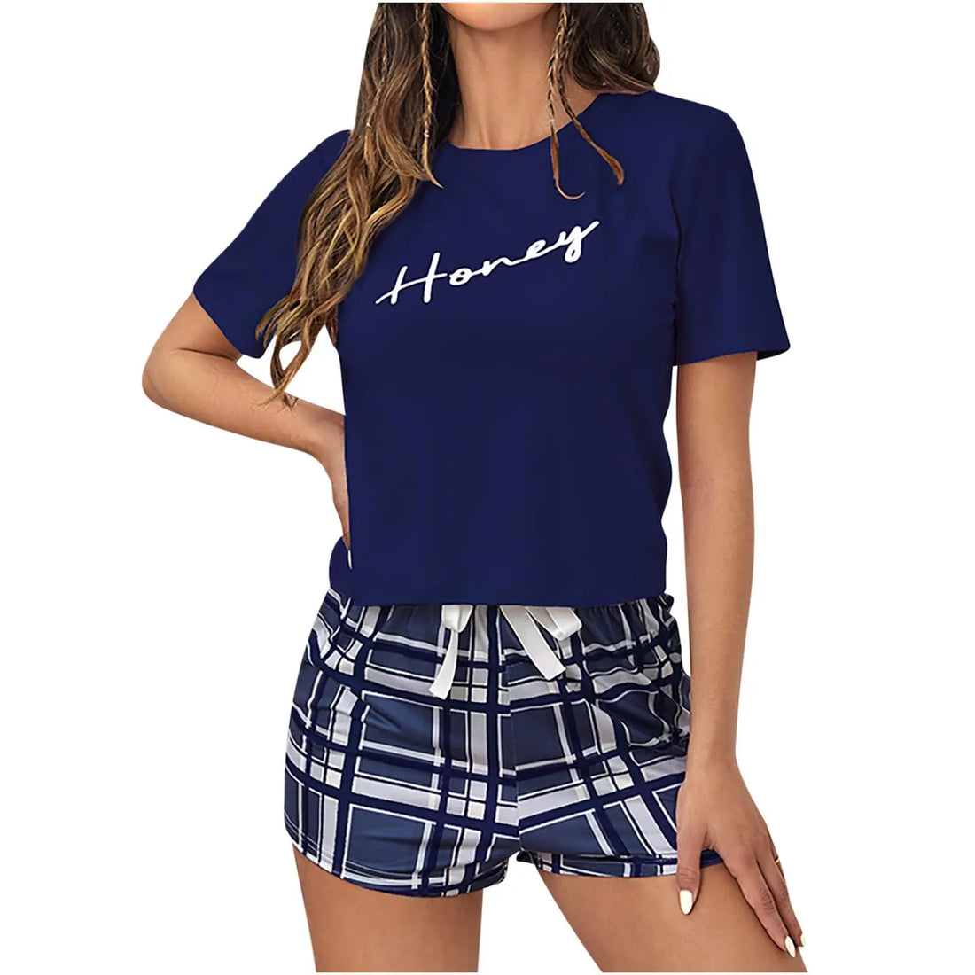 New Women's 2 Piece Pajamas Sets Letter Short Sleeve Pullover Tops and Drawstring Plaid Shorts Casual T Shirt Loungewear Pjs Set