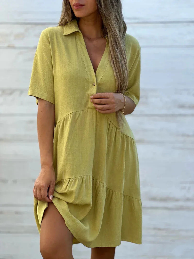 Fashion Short Sleeve White Cotton Linen Dress Women 2024 Summer Loose Casual Buttons Comfortable Dresses For Women Robe Femme