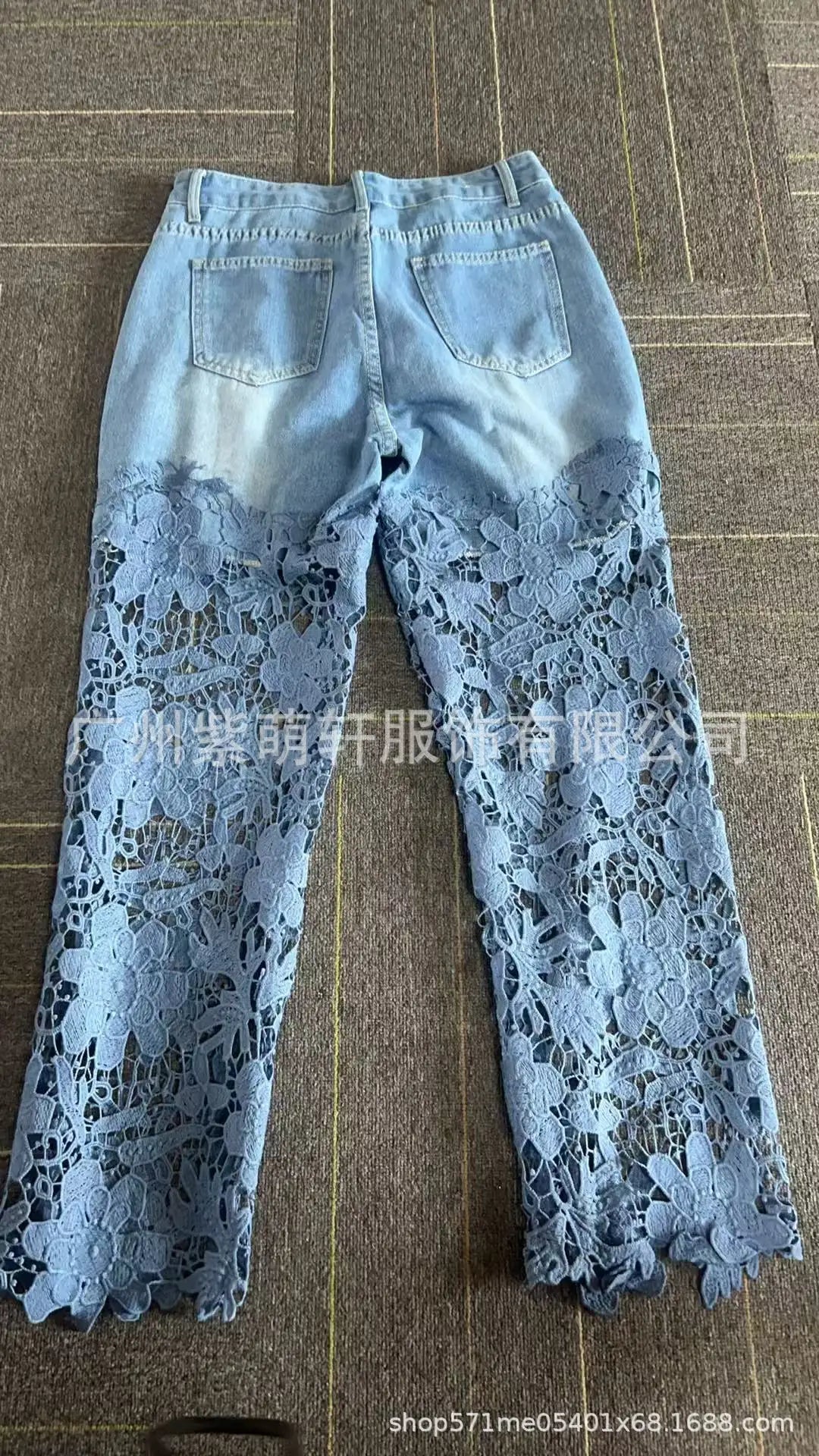 Women's Spring Summer Fashion Hollow Out Lace Splicing Denim Drape Pants Full Length Trousers