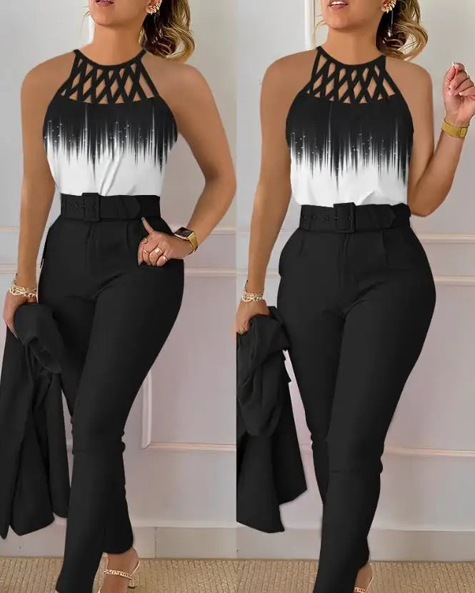Women's Urban Style Suit 2025 Spring Summer Latest Sexy Solid Color Hollow Out Sleeveless Tank Top&high Waist Straight Pants Set