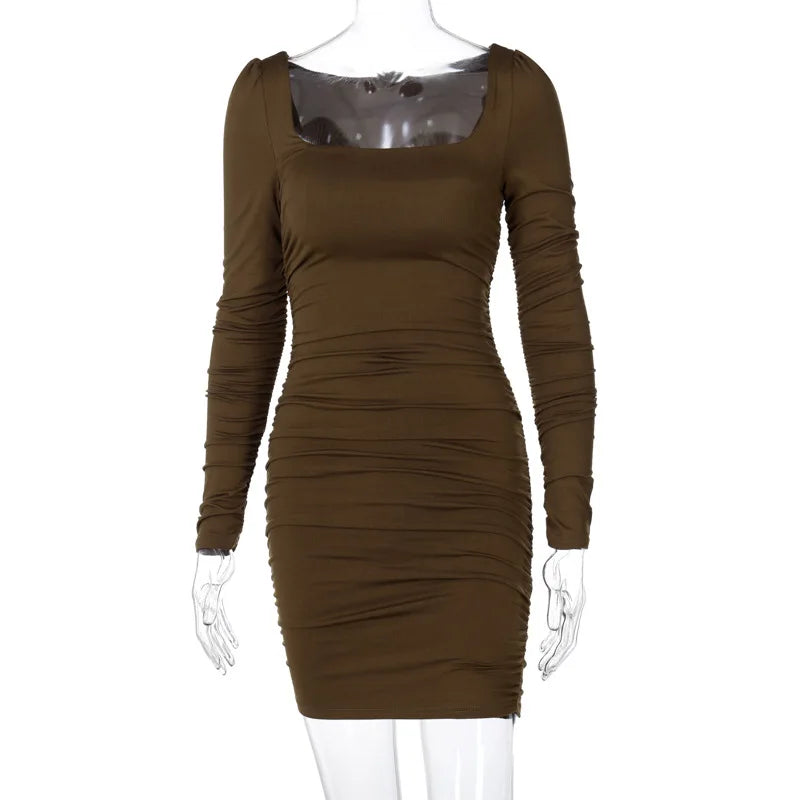 Elegant Square Collar Long Sleeves Folds Slim Bodycon Dress Women Solid Color Skinny Mini Dress Sexy Club Party Vestidos
