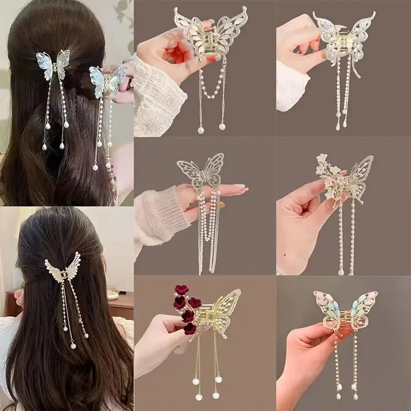 New Exquisite Rhinestone Butterfly Fringe Hair Claw Clips Korean Ponytail Braid Pearl Hairpin Girl Crab Metal Headdress Gift