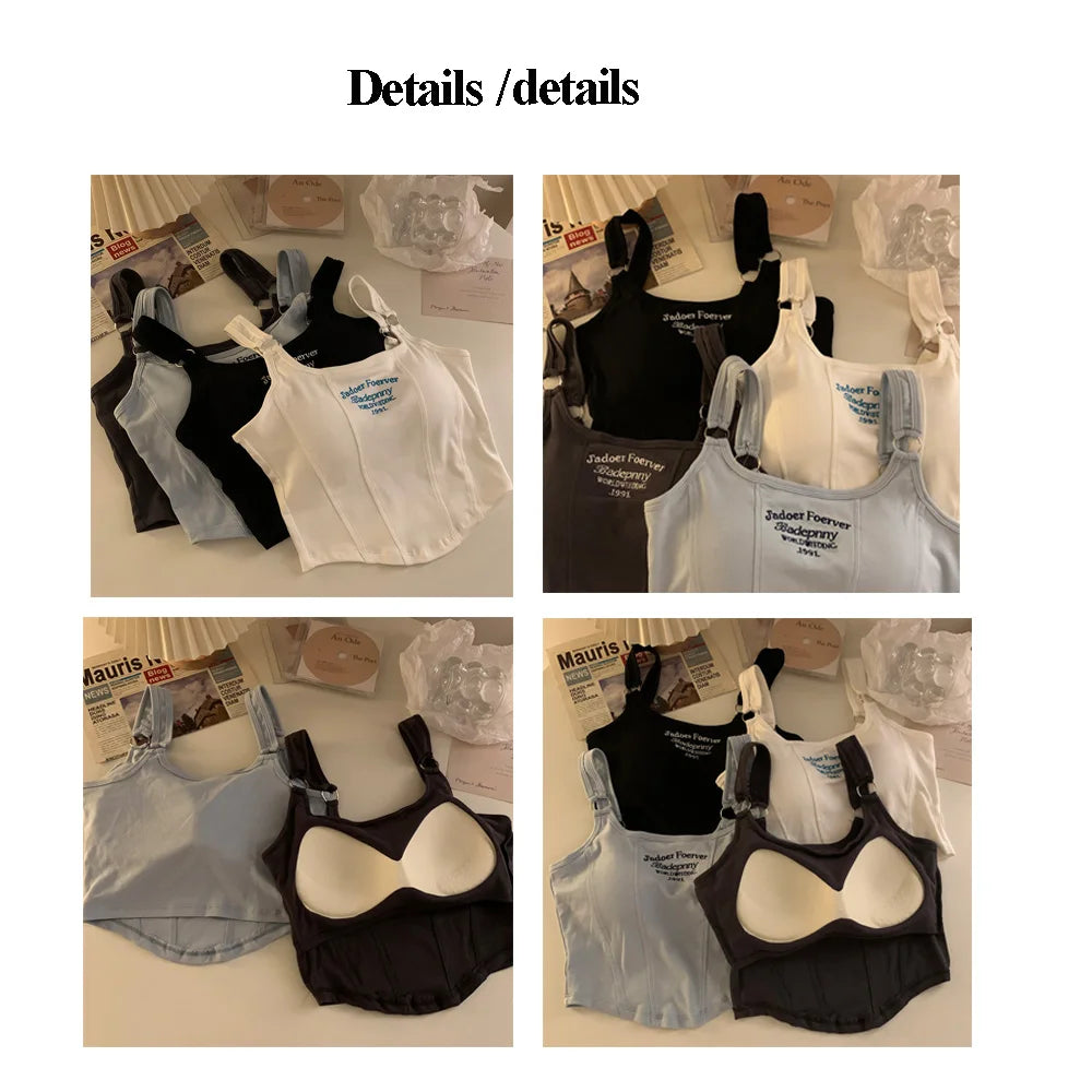 Women Embroid Letter Tank Tops With Bra Pad Casual Camis Y2K Crop Tops For Women Shoulder Belt Iron Ring Tank Tops