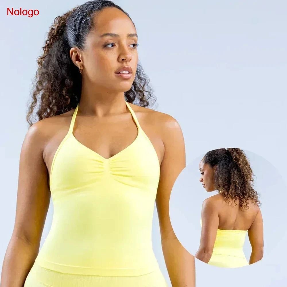Impact Longline Strappy Top Women Seamless Yoga Tank Tops Ruched Backless Gym Clothes Workout Sleeveless Shirts With Buit In Bra