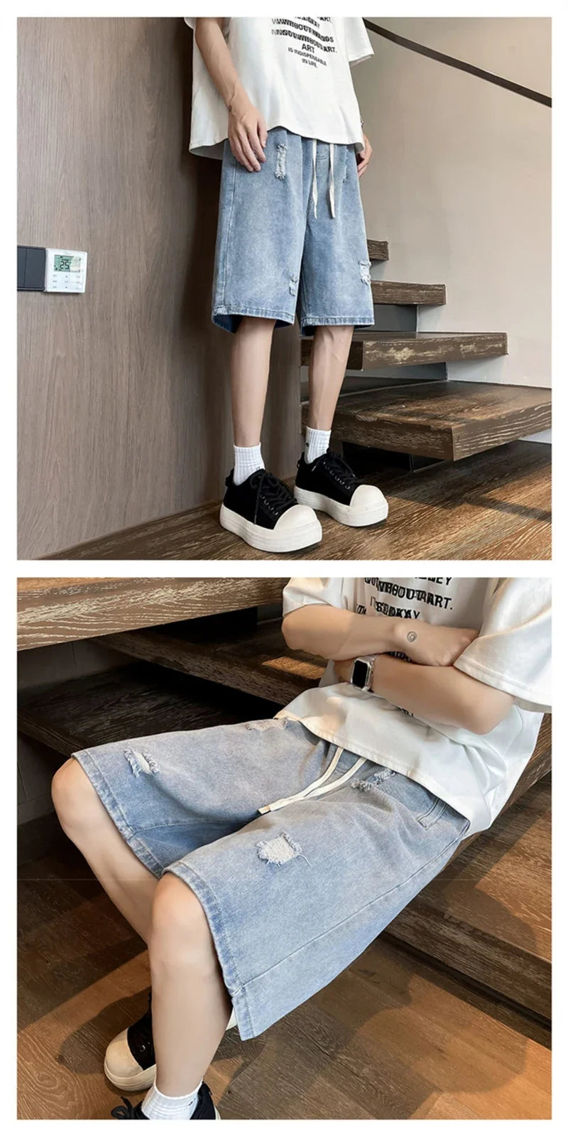 Summer Baggy Ripped Jorts For Men Y2K Streetwear Denim Shorts Retro Casual Shorts Pants Wide Leg Straight Blue Bermuda Jean