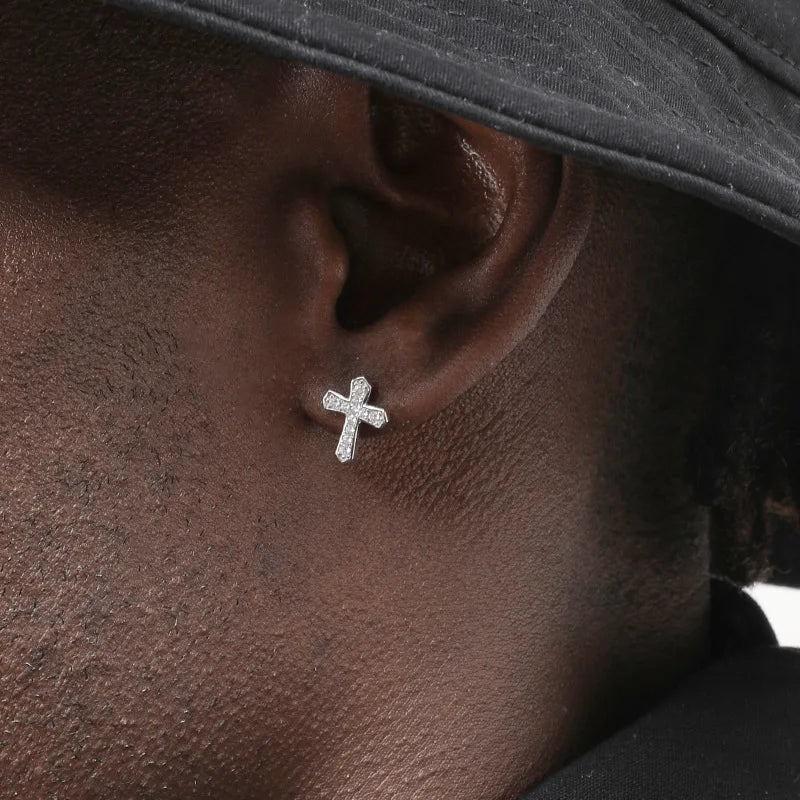 2024 New Rhinestones Cross Earrings for Men Personality Hip-Hop Pair Stainless Steel Stud Earrings Male Women's Party Jewelry