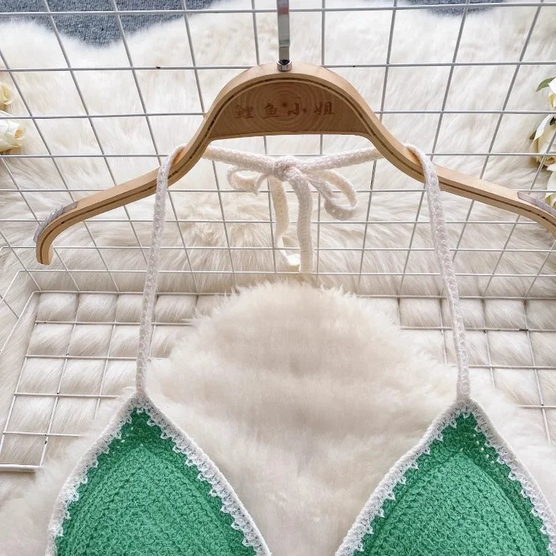 Vacation Style Camis Vest Women Patchwork Sweet Hook Flower Sexy Backless Suspender Camisole Hanging Neck Outwear Crop Tops