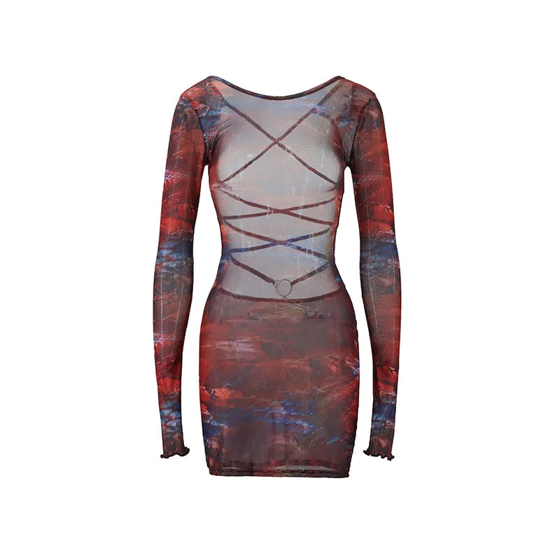 2025 New Sexy Women's Halter Lace-Up Bodycon Dress Europe & US Style Slim Fit Long Sleeve Low Waist Party Club Dress