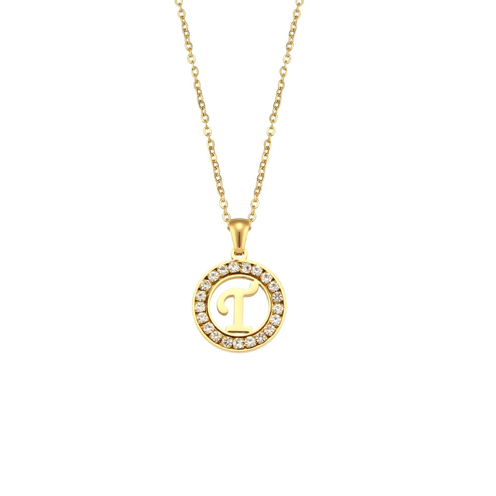 E.B.belle Hollow Round Zircon Paved 26 Alphabet Initial Necklace Ladies Elegant Birthday Gift 18K Gold Plated Letter Necklace
