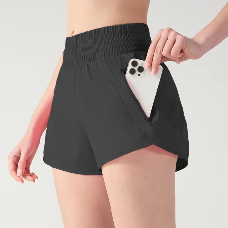 Women's Athletic Shorts High Waisted Running Biker Shorts Sporty Gym Elastic Workout Shorts With Pocket