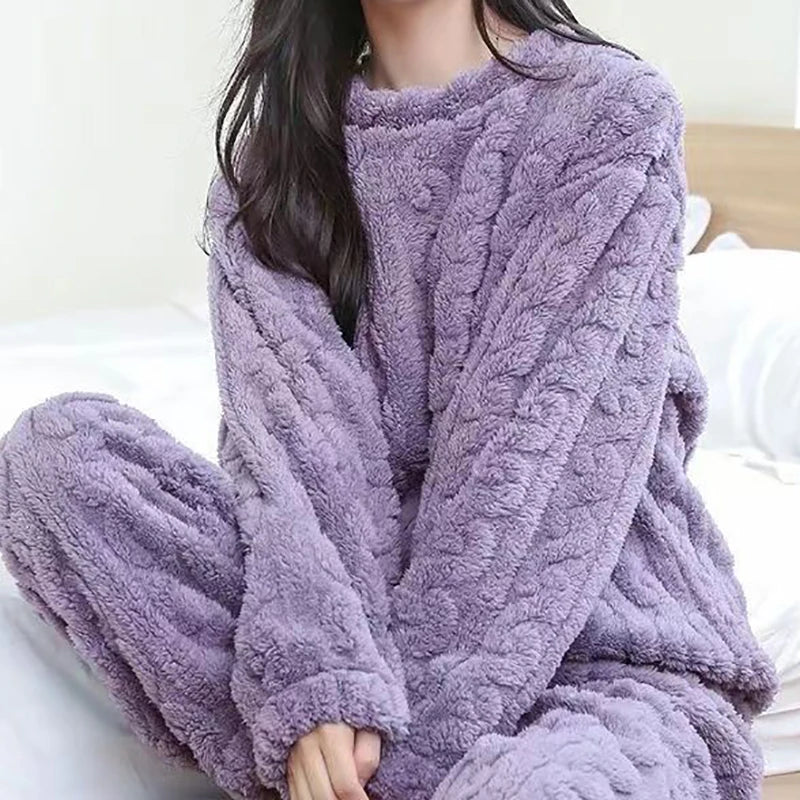Autumn Women Solid Warm  Thicken Velvet Ribbed Fleece Set Pullover And Pants Women Casual Pajama Sets 2024