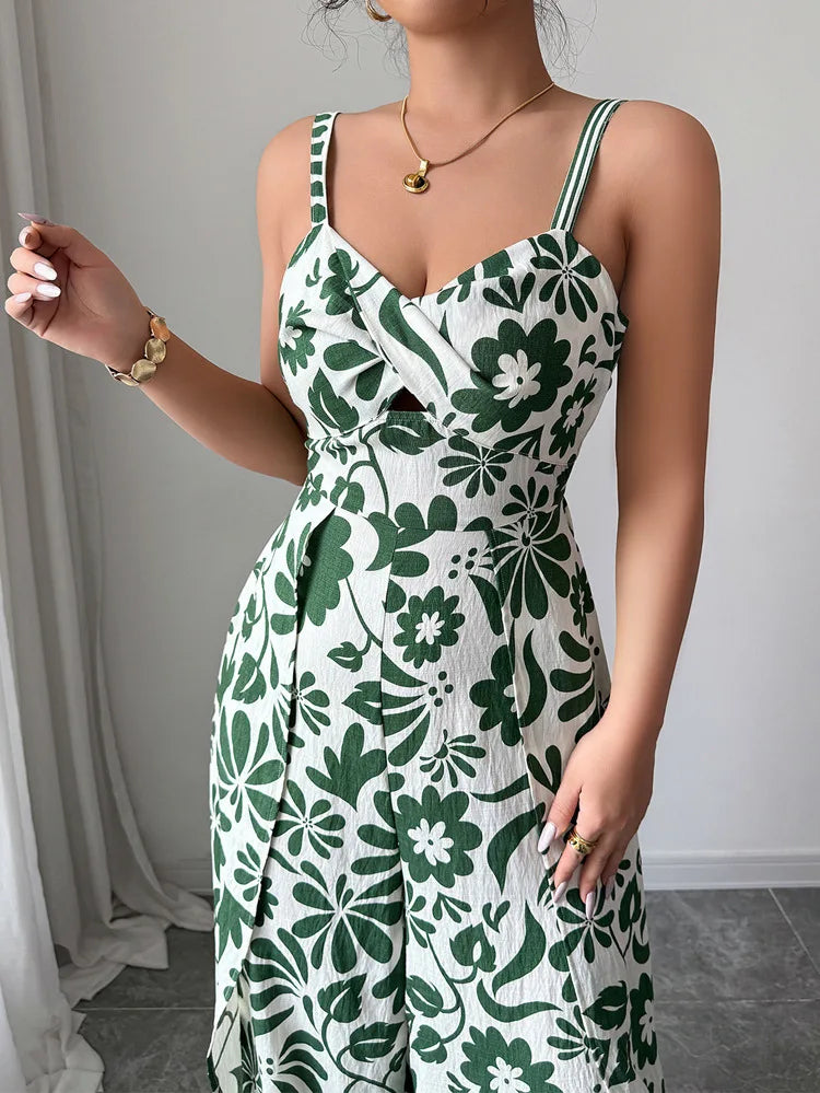 Jumpsuits Sleeveless Women V Neck Print Rompers Wide Leg Length Pants Jumpsuit Sexy High Waist Slight Strech Loose One Piece