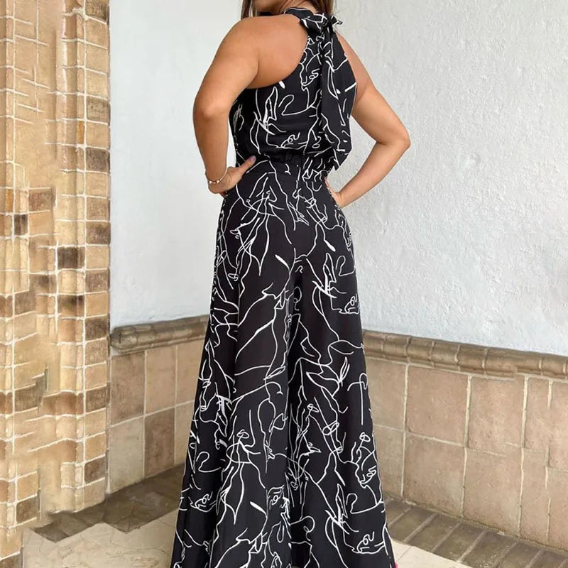 Women's New Fashion Round-neck Sexy Printed Jumpsuit Trousers Simple Sleeveless High Waist Tie Temperament Commuting Jumpsuit