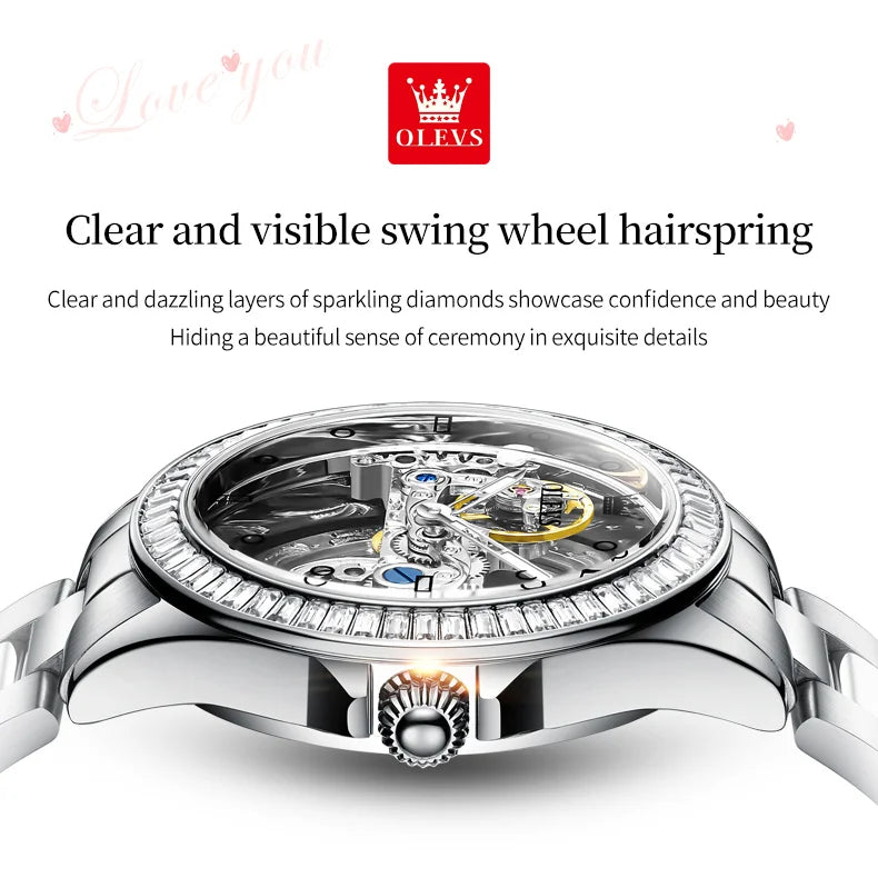 OLEVS Luxury Women Automatic Mechanical Watch Stainless Steel Diamond Inlay Fully Hollow Design Luminous Dial Elegant Wristwatch