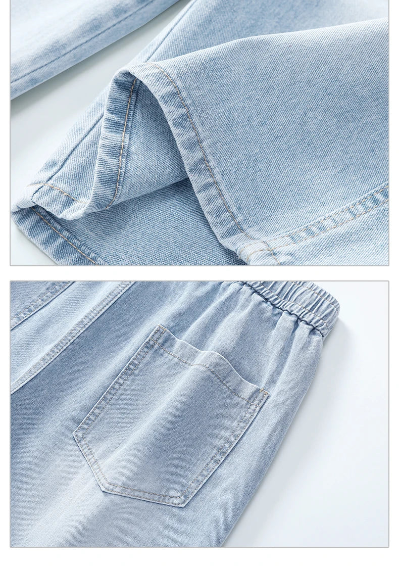 Casual Denim Shorts Men Elastic Waist Straight Comfortable Light Blue Soft Short Pants Baggy Wide Bermuda Male Jeans