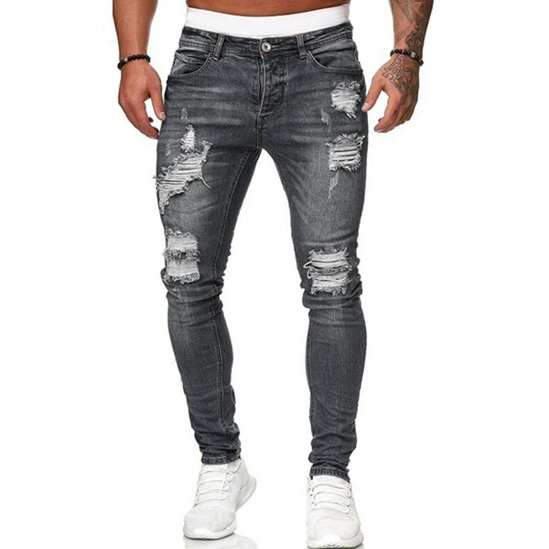Men Vintage Wash Solid Jeans Fashion Street Style Ripped Skinny Denim Trousers Hip Hop Casual Slim Pencil Denim Pants Hot Sale