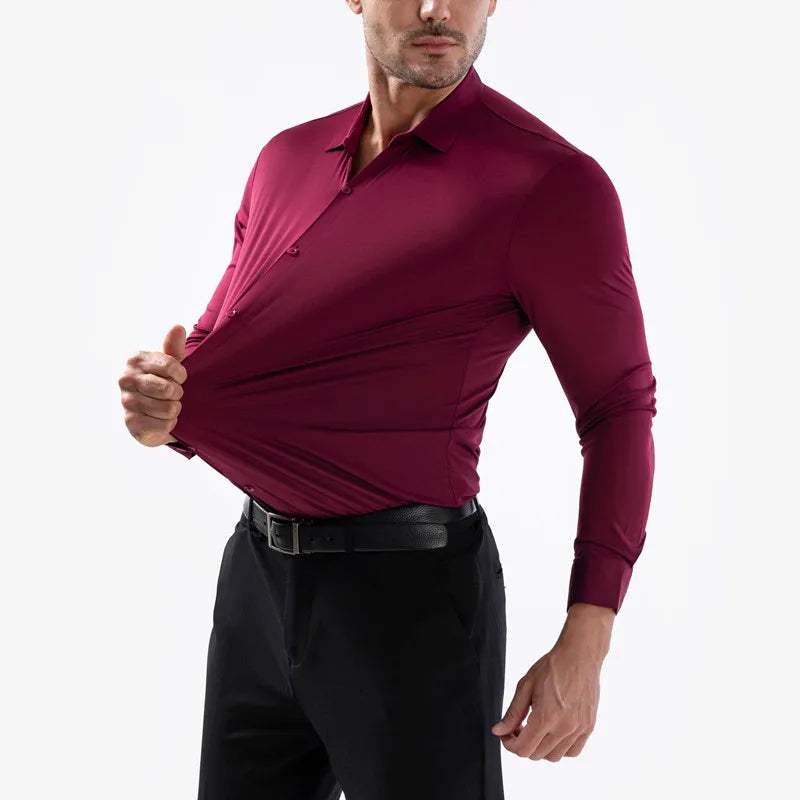 100 KG Non-Iron Four-way stretch Men's Long Sleeve Shirt Silky Foreign Trade Cross-Border Amazon Euro Men's TopS Shirts