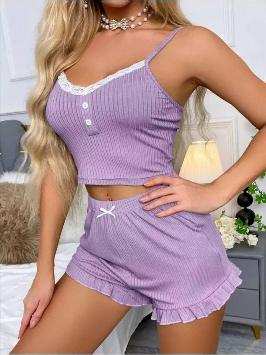 Summer Women's Pajamas Set Lace Button Patchwork Top Ruffles Shorts Sleepwear 2 Piece Set For Women Sexy Cami Slim Pyjamas Suit