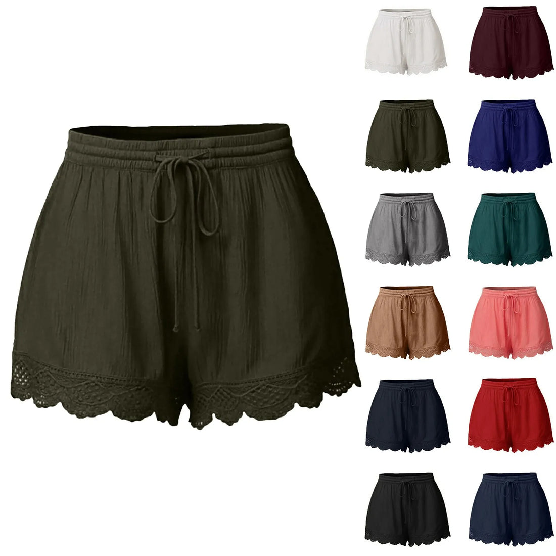 Ladies’ Casual And Versatile Solid Color Patchwork Lace Drawstring Shorts Basics Comfortable High Quality Plus Size Summer Pants