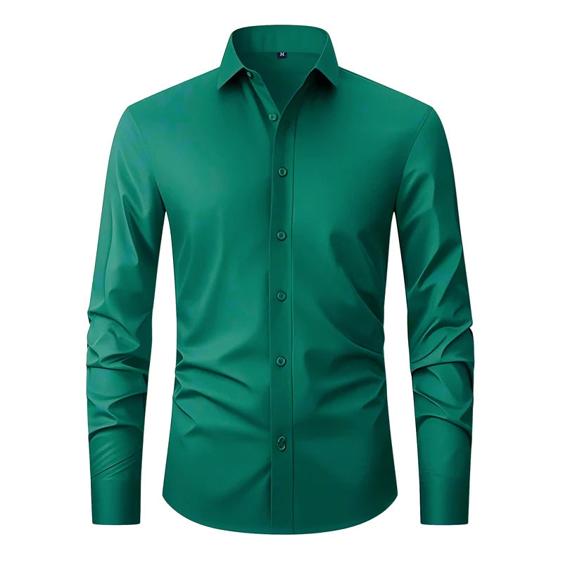 Hot New Mens Formal Shirts Long Sleeve Solid Color Anti-Wrinkle Stretch Fashion Business Free Slim Fit Office Social White Shirt