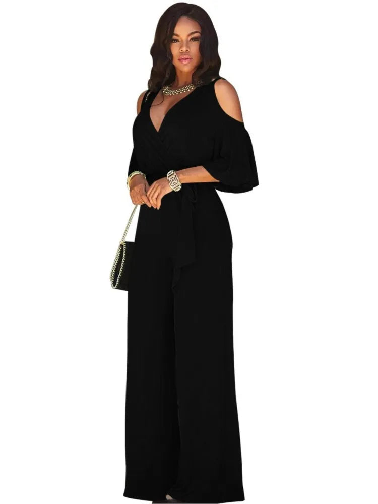 Spring Summer Solid Color Women Sexy Deep V Neck Short Sleeve Rompers Fashion Slim Fit Lace Up Elegant Female Wide Leg Jumpsuit