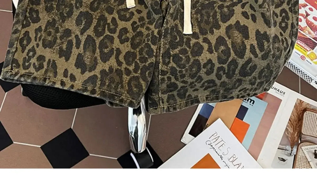 American Retro Leopard Print Denim Shorts Men's High Street Niche Loose Design Five-point Mid-pants