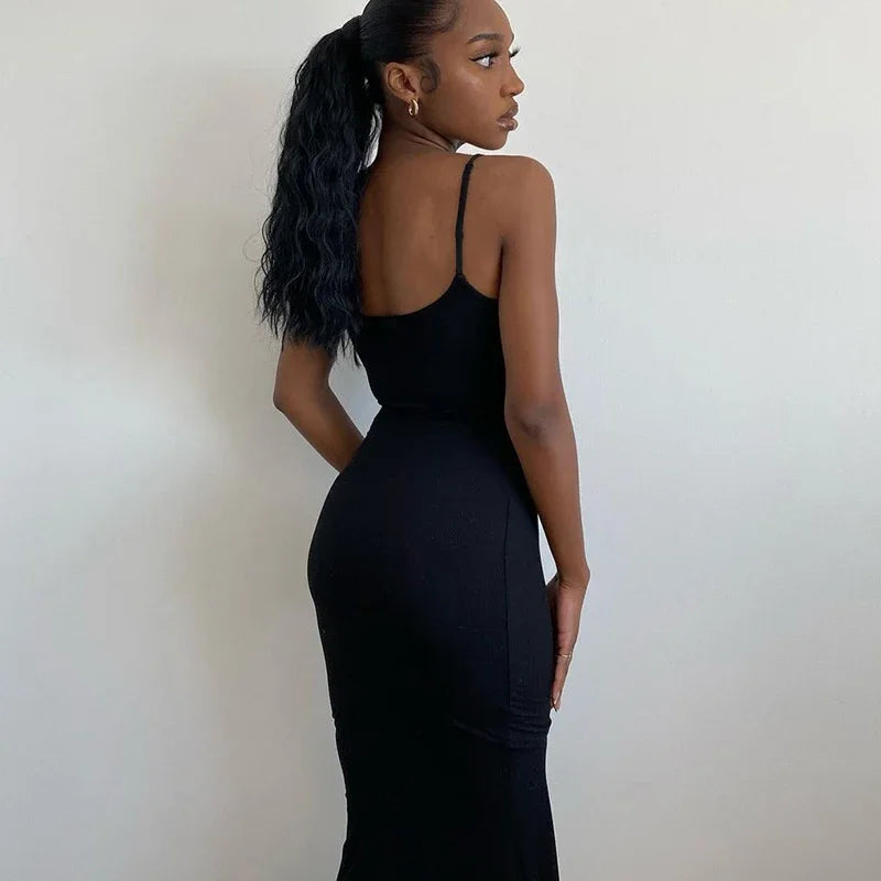 Y2K Backless Sexy Maxi Dress for Women 2025 Spring Slip Sleeveless Slim Party Concise Платье Female Bodycon Black Dress Vestidos