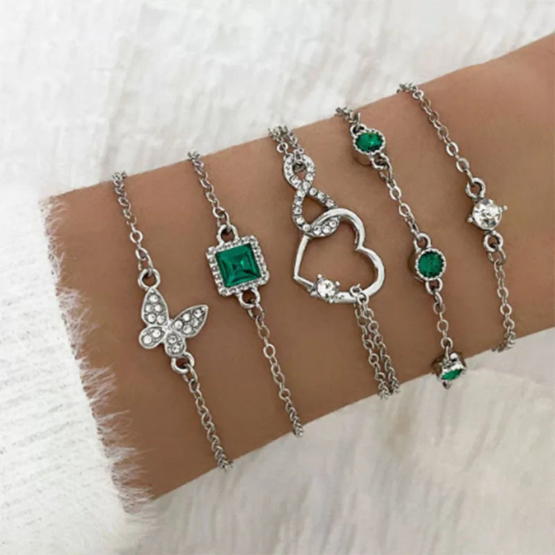 5 PCS Set Hallow Out Heart Green Crystal Stone Bracelet Set For Women Gold Color Lovely Butterfly Rhinestone Girls Bracelet Set