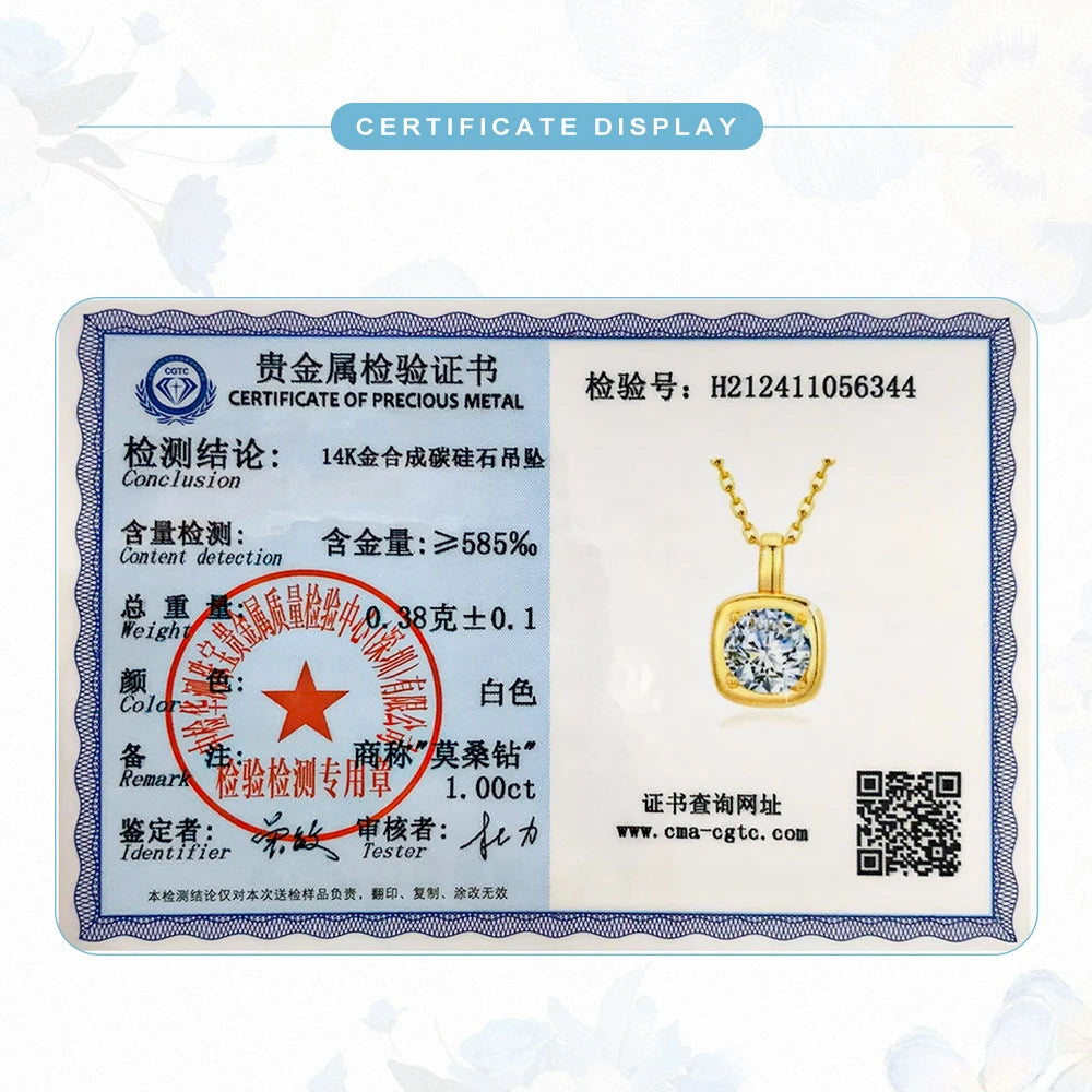 Casual 14K Gold AU585 Personalized Necklace 1ct Moissanite Diamond Sugar Cube Pendant for Woman Wedding Gifts Certified Jewelry