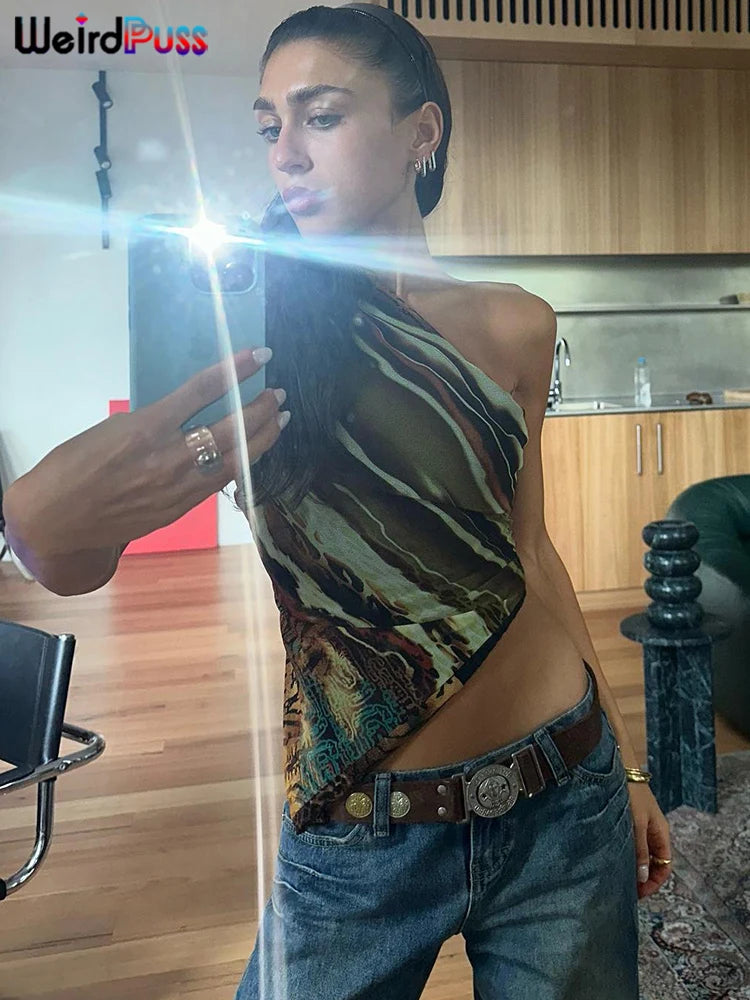 Weird Puss Inclined Shoulder Tank Tops Women Y2K Summer Irregular Sleeveless Skinny Elastic Wild Streetwear Casual Colorful Tees