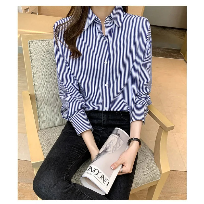 Korean Loose Shirt Classic Striped Woman Spring Autumn Blouses Shirt Lady Long Lantern Sleeve Stand Collar Loose Blusas Tops