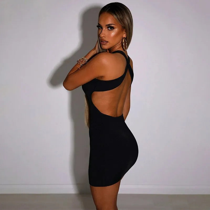 BIG PROMOTION   Black Fashion Rib Lace Sexy Lace Up Dress Women's Sleeveless Backless Elegant Club Party Dress