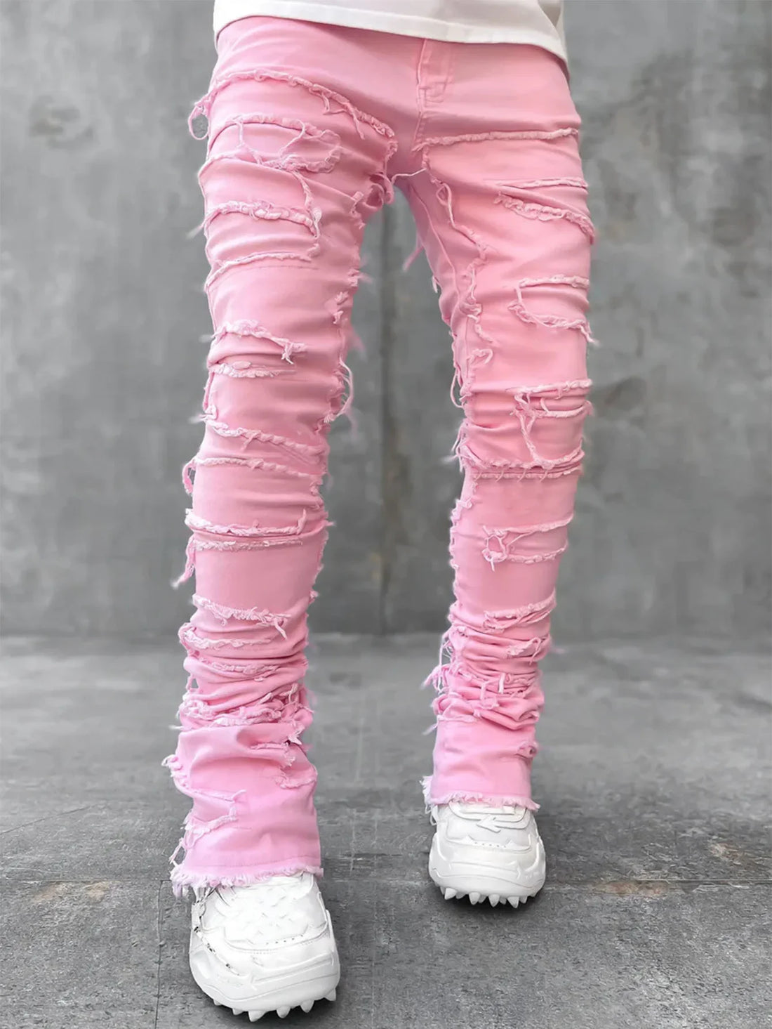New European Camo Pants Men High Street Slim Fit Stretch Patched Denim Ripped Male's Stacked Jeans Men's camouflage jeans