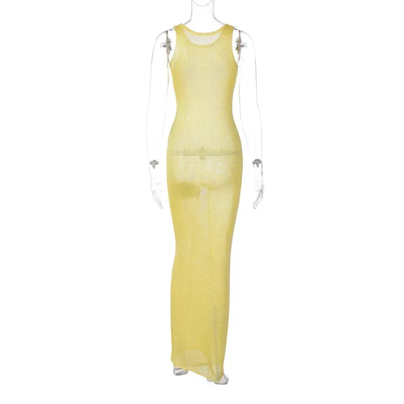 Summer Spliced See-through Long Dress Women Casual Sleeveless Vest Long Dress Solid Color Sequined Slim Party Dress 2024 New