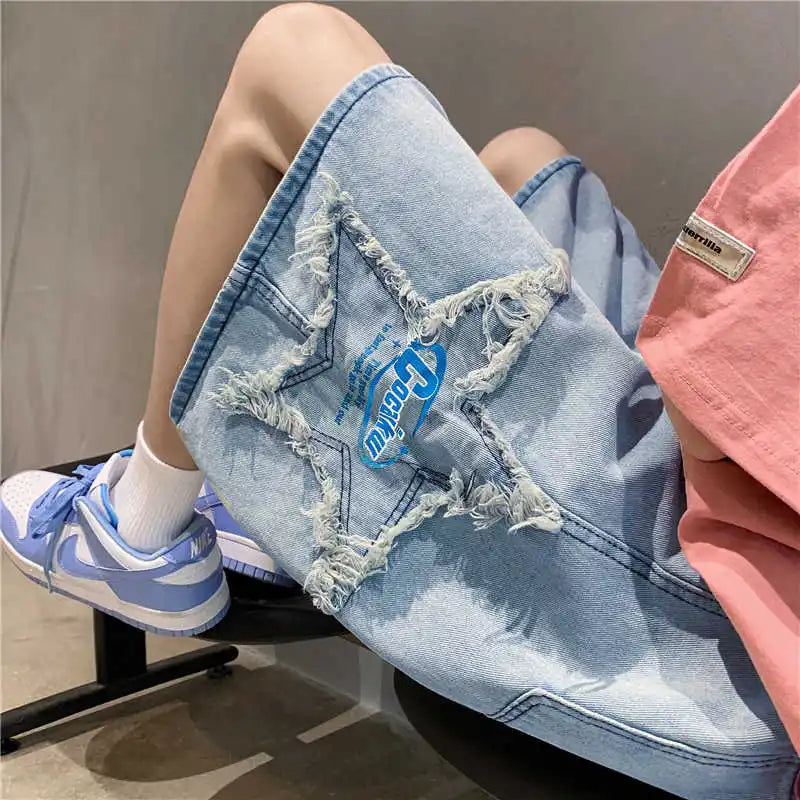 Summer Pentagram Patch Shorts Elastic Waist Letter Printed American Retro Casual Fashion Men Denim Knee-length shorts