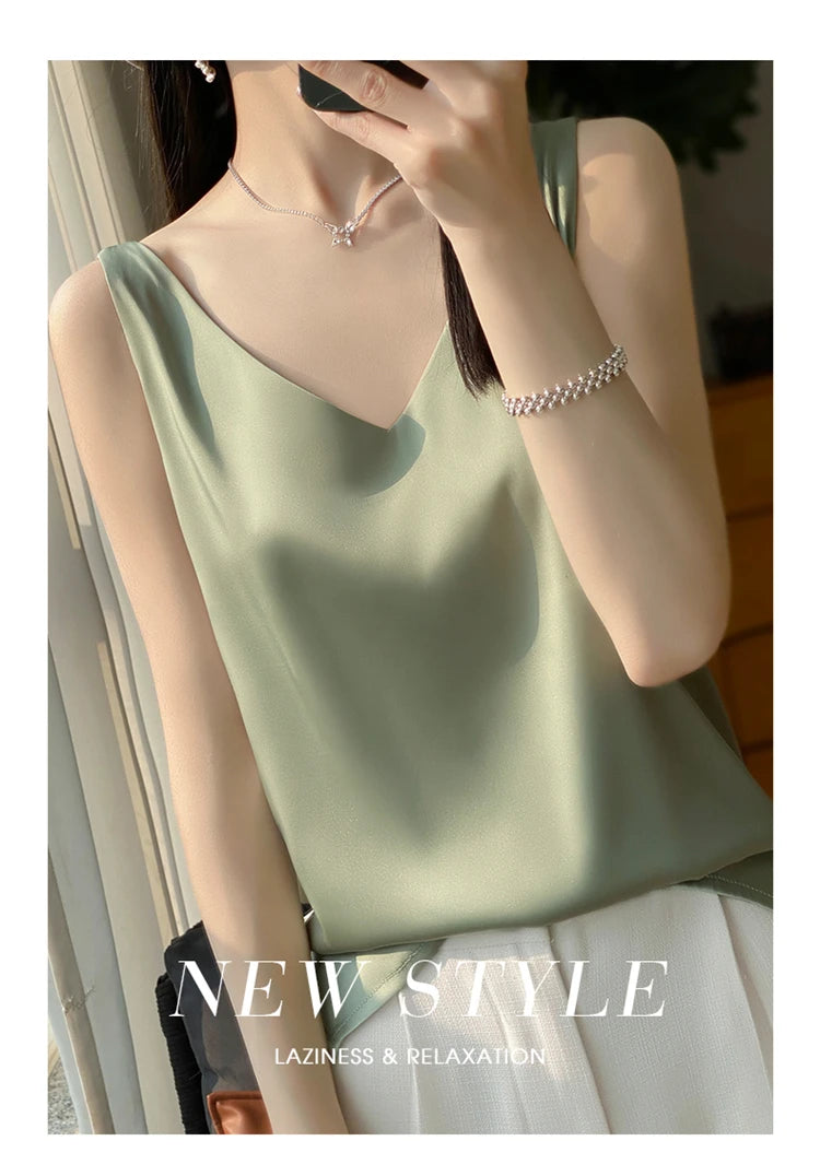 2024 New Silk Satin Women's Tank Top Basic V-neck Multi Color White Black Women's Sleeveless Top Summer Sexy Bottom