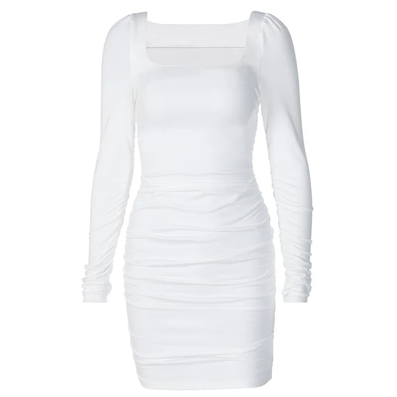 Elegant Square Collar Long Sleeves Folds Slim Bodycon Dress Women Solid Color Skinny Mini Dress Sexy Club Party Vestidos