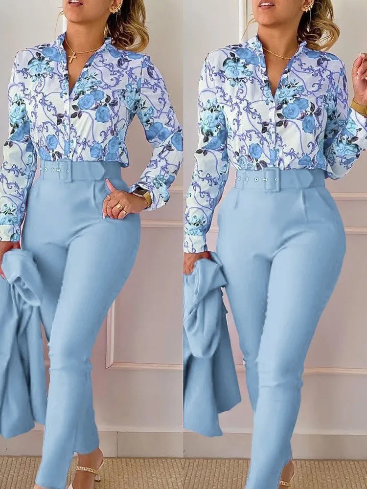 Autumn Winter Stand Neck Floral Print Long Sleeve Shirt Pants Two Piece Sets Elegant Women Casual Shirt Trousers Suits With Belt
