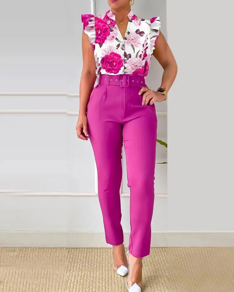 Spring Summer Women's New Printed Lotus Leaf Sleeveless Shirt Suit Elegant Slim Femal Office  Long Pants Belt Two Piece Set 2025
