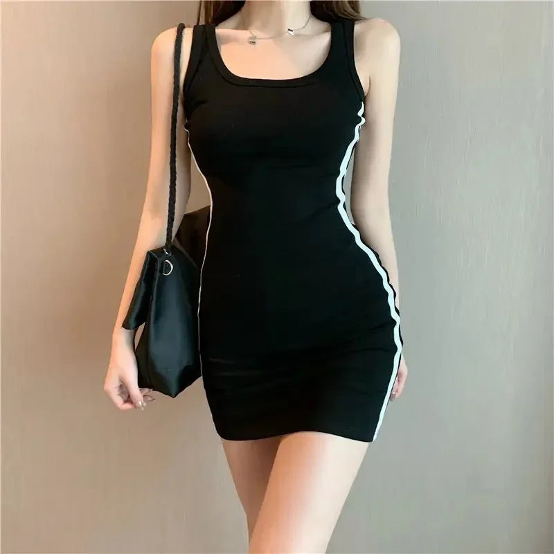 Summer ladies casual bodycon dresses ladies spaghetti strap sleeveless sexy stretch slim dress sexy hip wrap slip dress