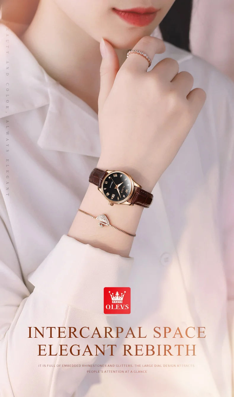 OLEVS 9932 Women's Automatic Mechanical Wristwatch Leather Strap Waterproof Dual Calendar Wristwatch Luxury Elegant Ladies Watch