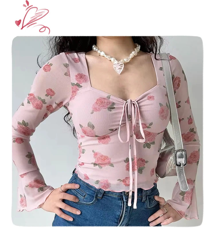 HELIAR Women Floral Printed Sweet Holiday T-shirts Flare Sleeve Lace Up Chiffon Office Blouse Mesh Beach Tees Top Spring Summer