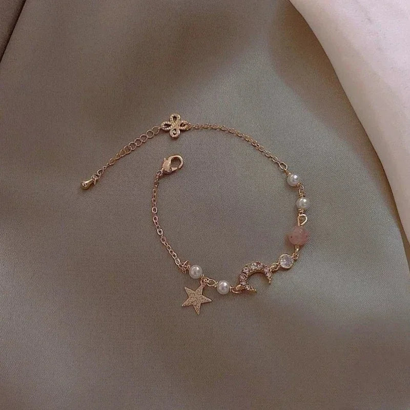 Elegant Crystal Flowers Bracelet For Women Y2K Sweet Girls Moon Cherry Blossom Bow Zircon Bracelets Luxury Designer Jewelry Gift
