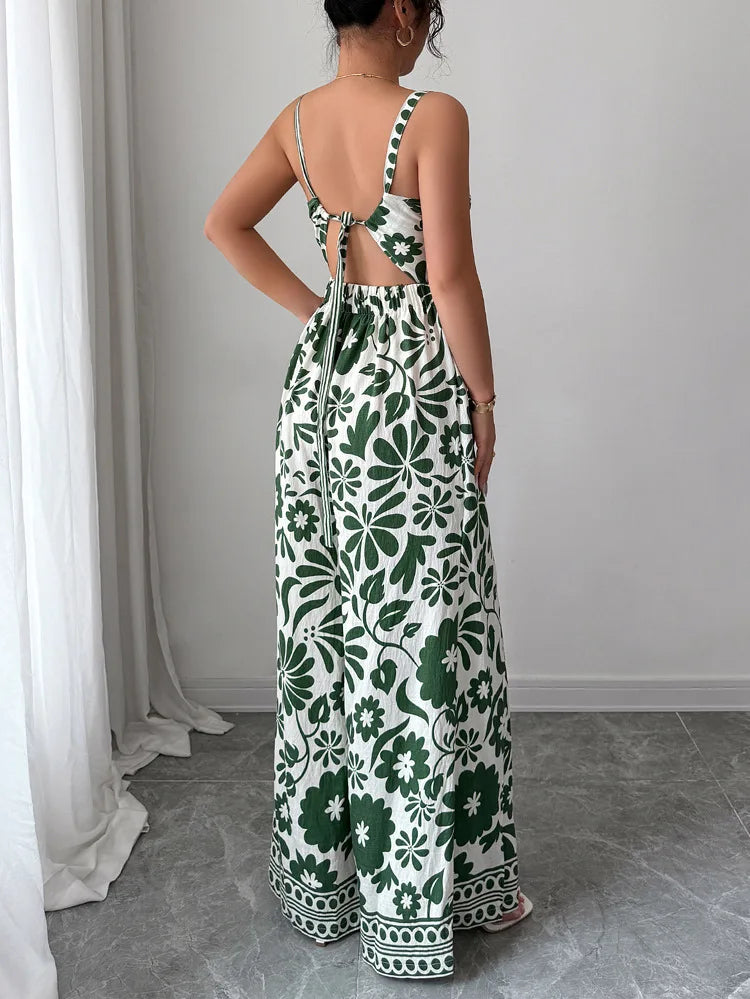 Jumpsuits Sleeveless Women V Neck Print Rompers Wide Leg Length Pants Jumpsuit Sexy High Waist Slight Strech Loose One Piece